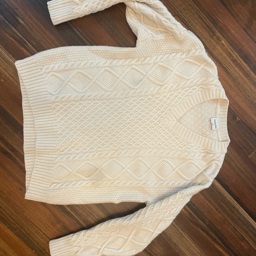 Sunday Best Cream V-Neck Sweater with Cable Knit